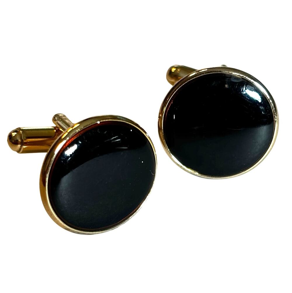 Vintage Mid Century Goldtone & Black Enamel Cufflinks 1970's Mens Suit Jewelry